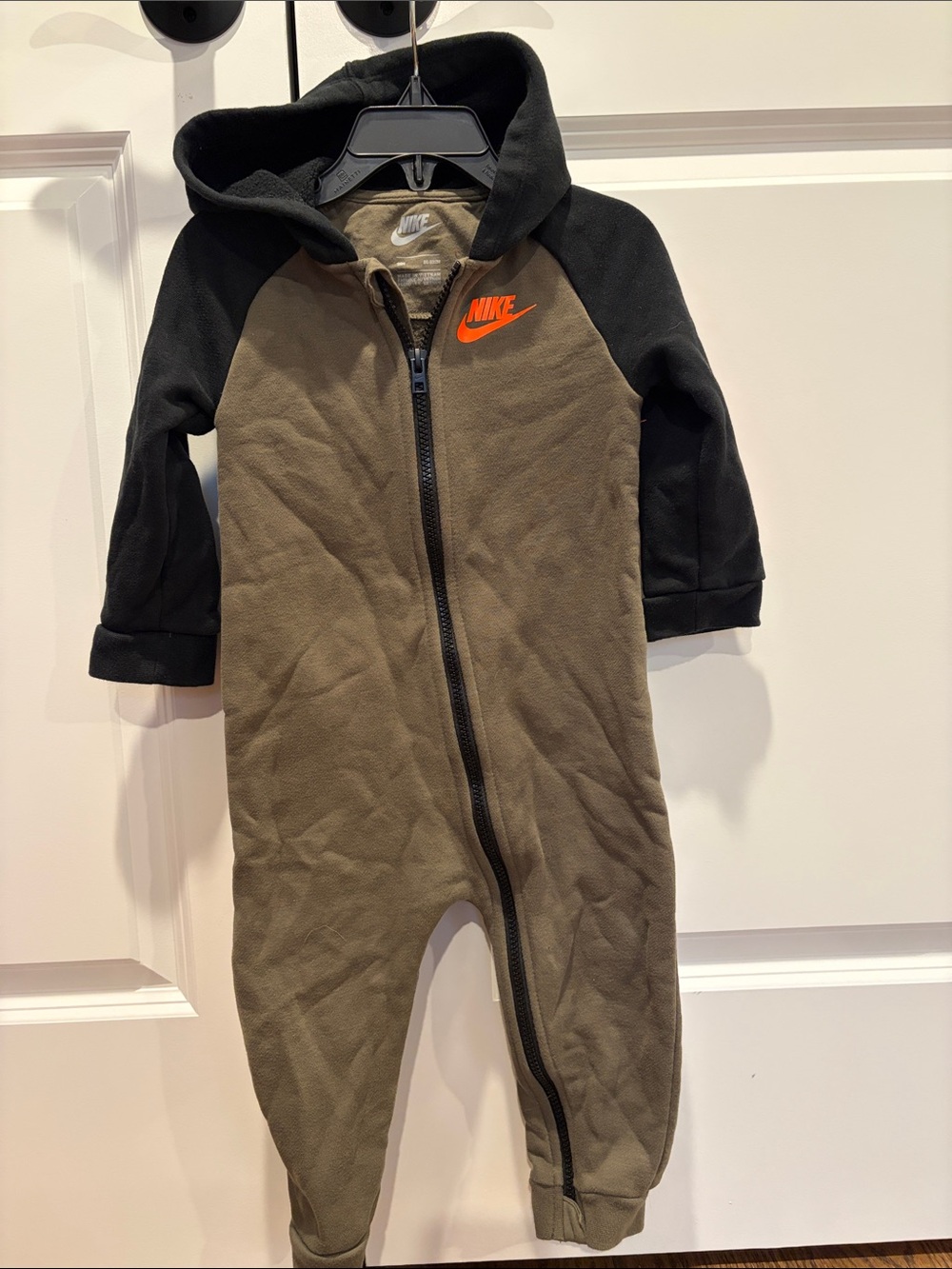 Nike Olive & Black Hooded Baby One-Piece coveralls with Orange Logo size 2T